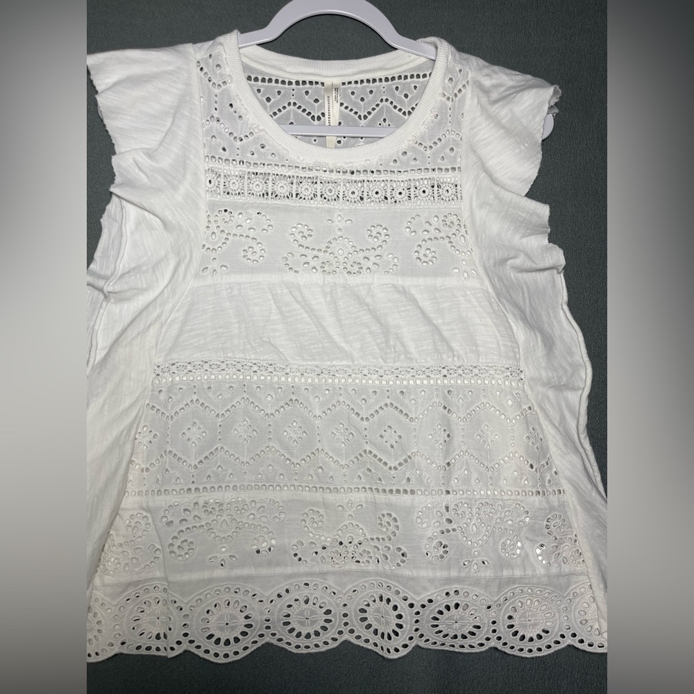 Anthropologie Eyelet Lace Blouse White Boho Flutter Sleeve Top Medium